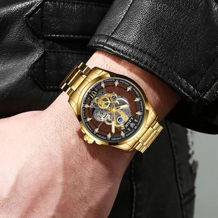 Ceas barbati Lige Auriu Otel Quartz Analog Elegant Business [5]