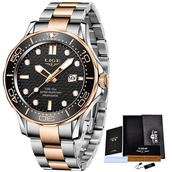 Ceas barbatesc Lige Argintiu Auriu Quartz Otel Data Negru Analog Fashion [4]