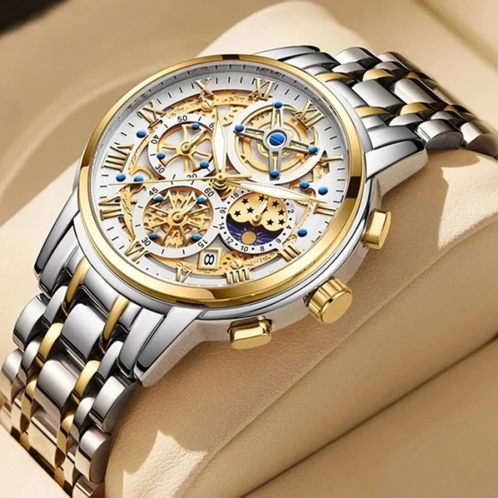 Ceas barbatesc Lige Argintiu Auriu Afisare data Analog Quartz [3]