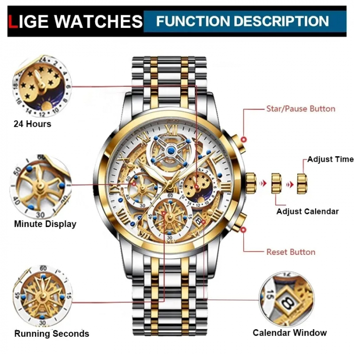 Ceas barbatesc Lige Argintiu Auriu Afisare data Analog Quartz [5]