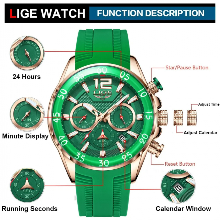 Ceas barbatesc Lige Casual Quartz Analog Fashion Verde Cronometru Indici luminosi [4]