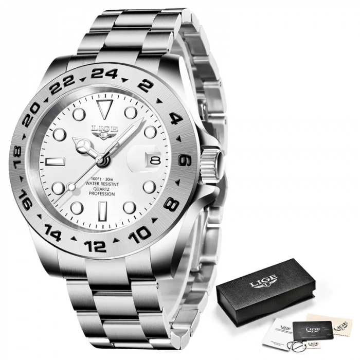 Ceas barbatesc Lige Indici luminosi Data Argintiu Business Analog Quartz Otel [5]