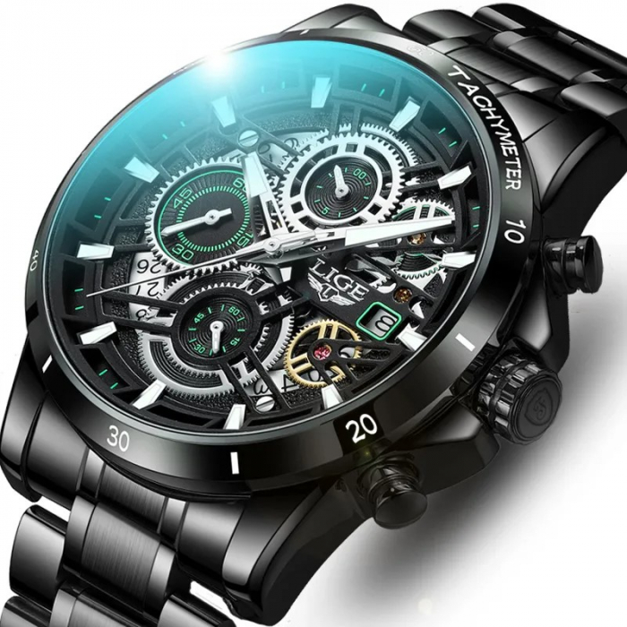 Ceas barbati Lige Negru Data Casual Analog Quartz Otel Zale Indici luminosi [4]
