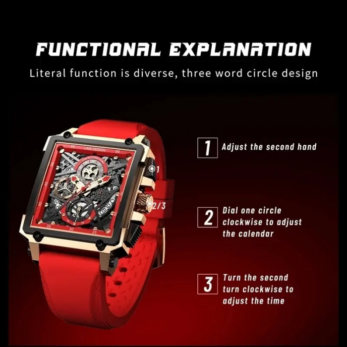 Ceas barbatesc Lige Rosu Silicon Otel Afisare data Quartz Analog [5]