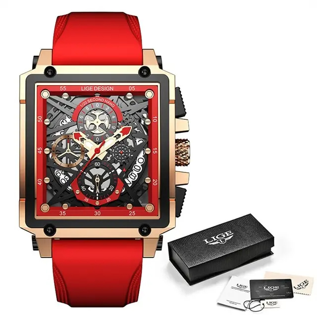 Ceas barbatesc Lige Rosu Silicon Otel Afisare data Quartz Analog [4]