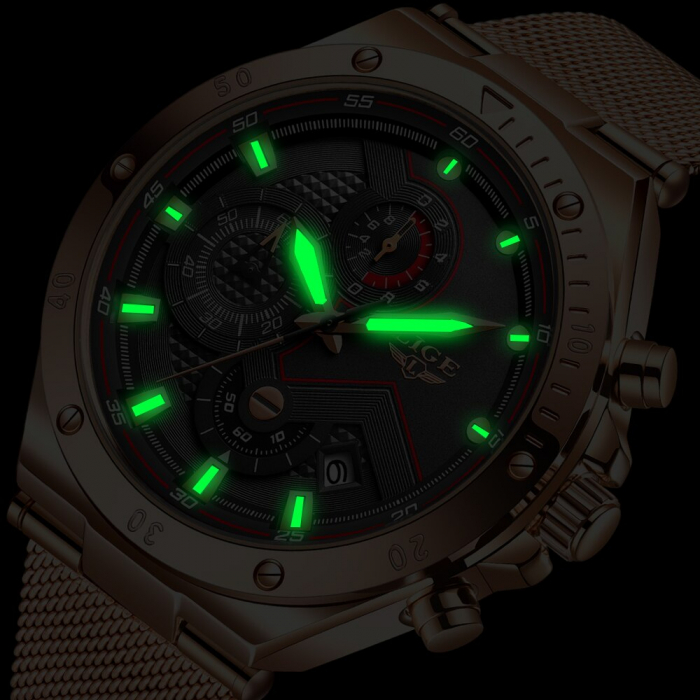 Ceas barbatesc Lige Elegant Auriu Cronograf Quartz [6]