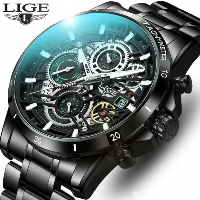 Ceas barbatesc Lige Elegant Business Data Quartz Analog Otel Negru [4]