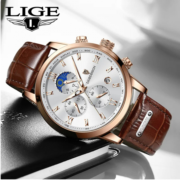 Ceas barbatesc Lige Elegant Clasic Piele Otel Quartz Analog Data [5]
