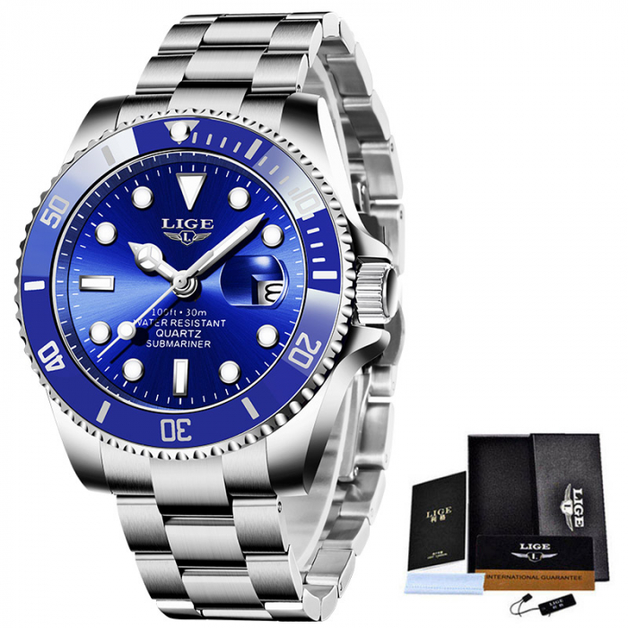 Ceas barbatesc Lige Fashion Business Luxury Quartz Otel inoxidabil Albastru [4]