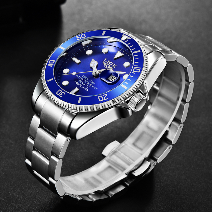 Ceas barbatesc Lige Fashion Business Luxury Quartz Otel inoxidabil Albastru [3]