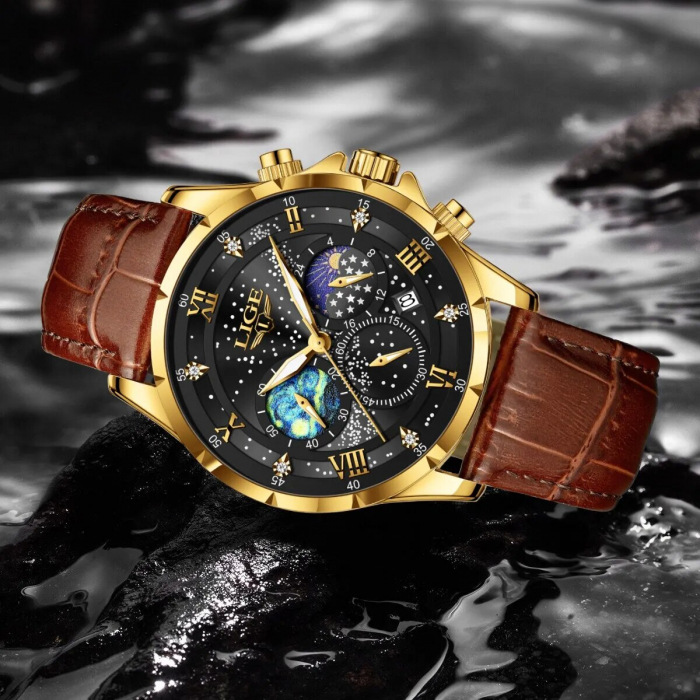 Ceas barbatesc Lige Maro Analog Quartz Piele naturala Design deosebit [7]