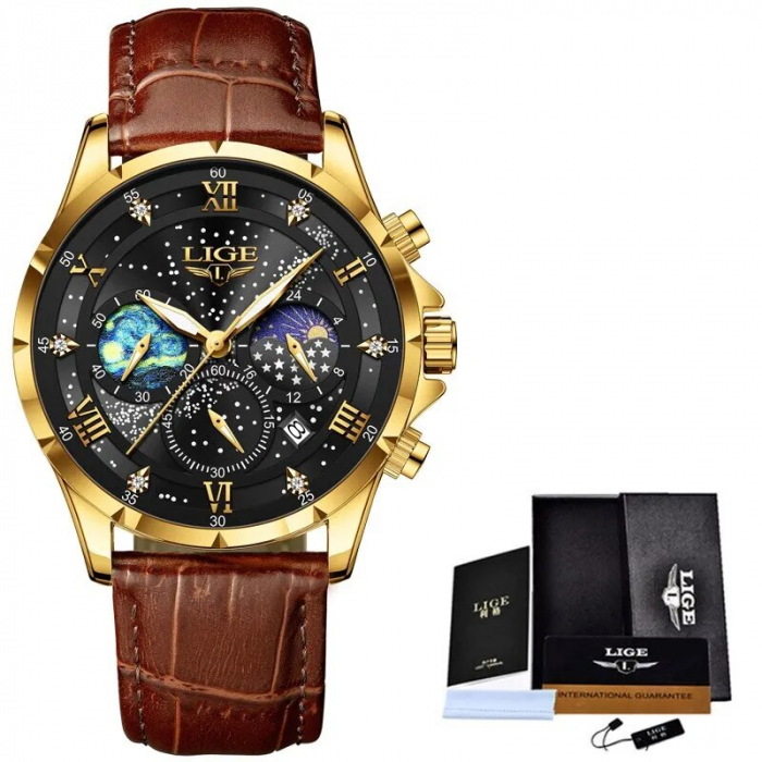 Ceas barbatesc Lige Maro Analog Quartz Piele naturala Design deosebit [5]