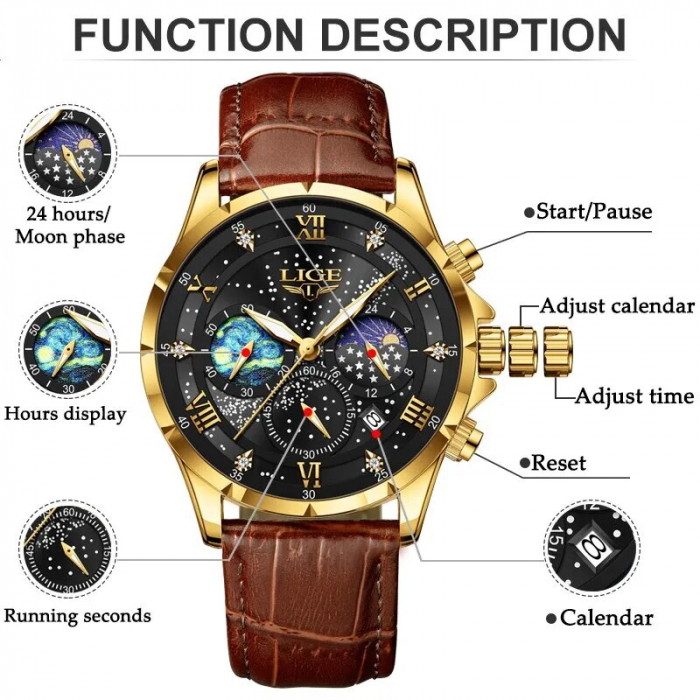 Ceas barbatesc Lige Maro Analog Quartz Piele naturala Design deosebit [4]