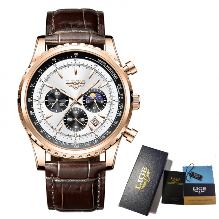 Ceas barbatesc Lige Quartz Analog Curea piele maro Afisare data Cronograf [4]
