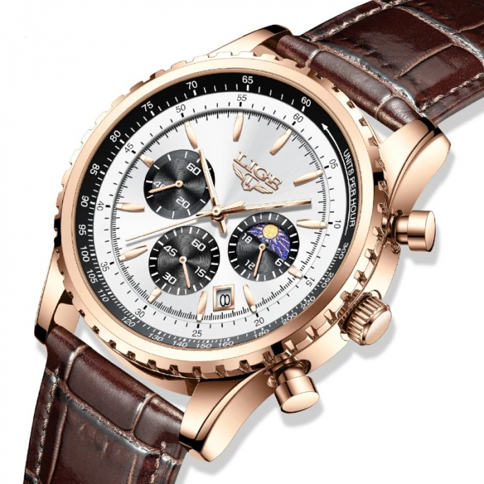 Ceas barbatesc Lige Quartz Analog Curea piele maro Afisare data Cronograf [2]