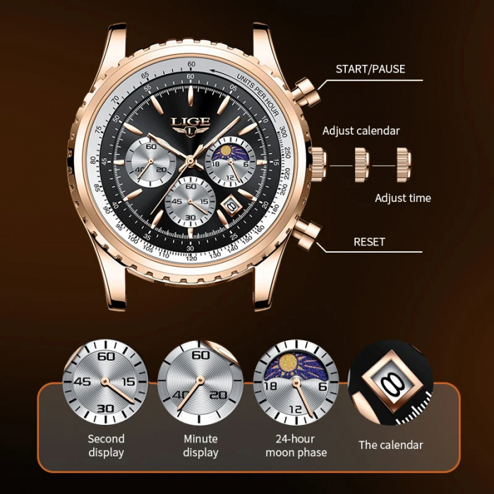 Ceas barbatesc Lige Quartz Analog Curea piele maro Afisare data Cronograf [5]