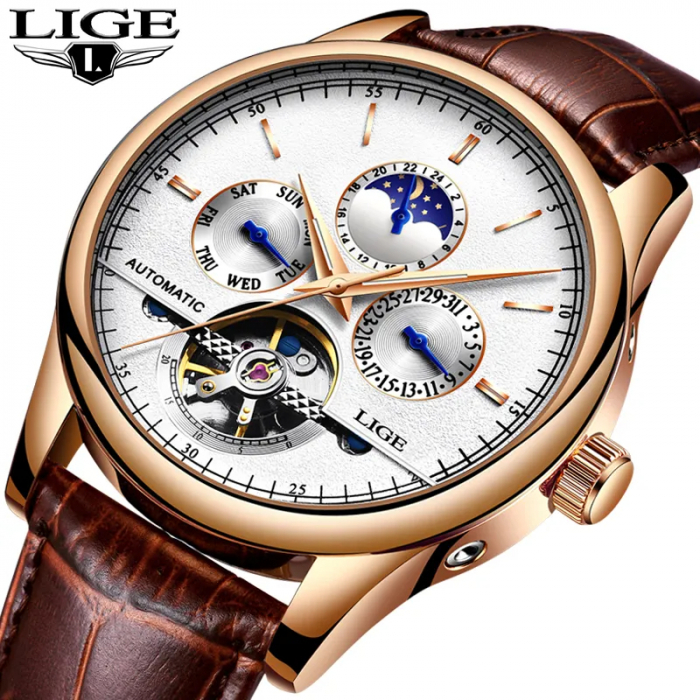 Ceas barbatesc Lige Mecanic Automatic Curea piele Maro Mecanism Tourbillion Data [5]