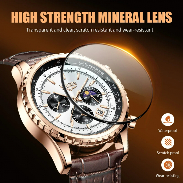 Ceas barbatesc Lige Quartz Analog Curea piele maro Afisare data Cronograf [3]