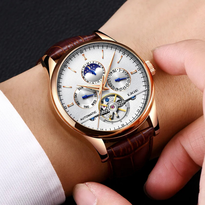 Ceas barbatesc Lige Mecanic Automatic Curea piele Maro Mecanism Tourbillion Data [2]