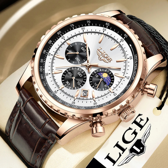 Ceas barbatesc Lige Quartz Analog Curea piele maro Afisare data Cronograf [7]