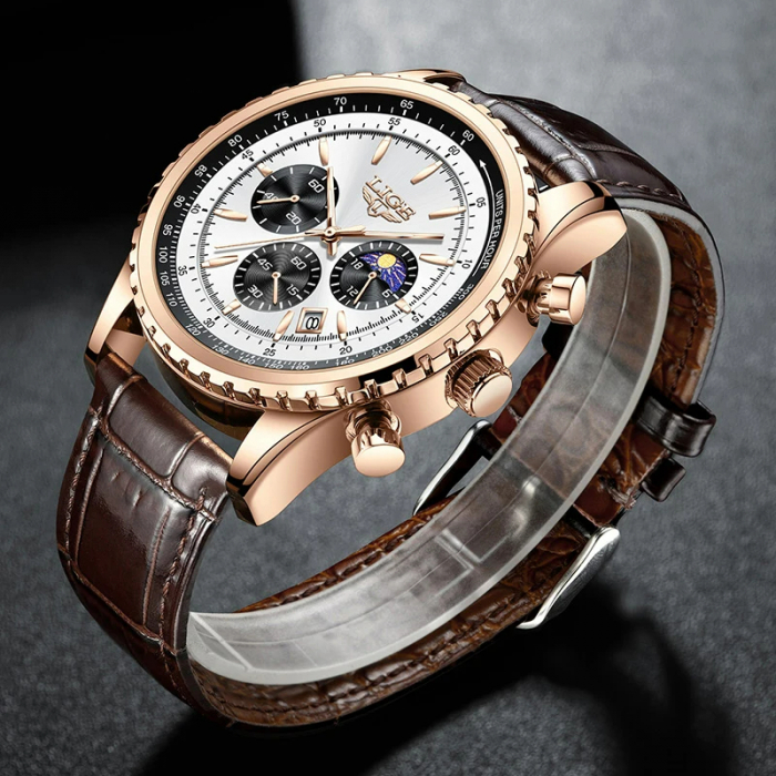 Ceas barbatesc Lige Quartz Analog Curea piele maro Afisare data Cronograf [8]