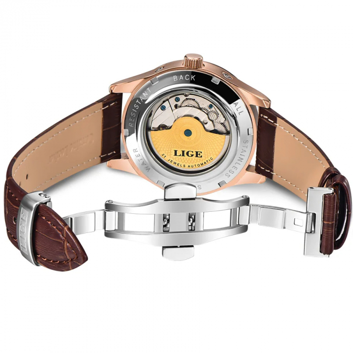 Ceas barbatesc Lige Mecanic Automatic Curea piele Maro Mecanism Tourbillion Data [4]