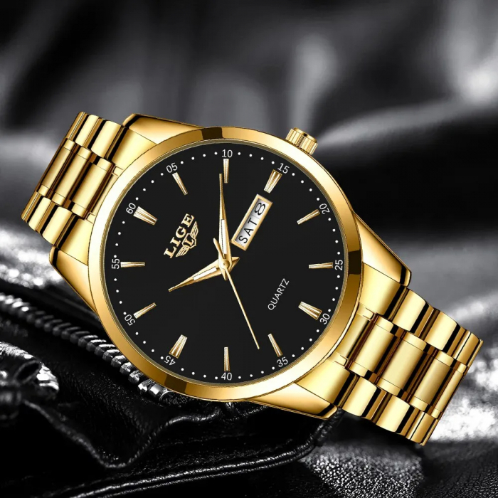 Ceas barbatesc Lige Auriu Otel Analog Quartz Afisare data [5]
