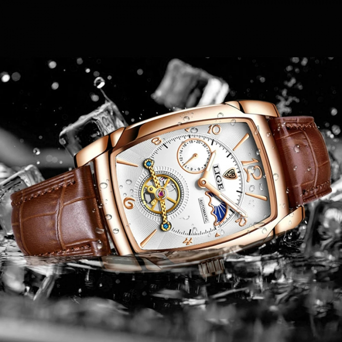 Ceas barbati Lige Mecanic Automatic Carcasa dreptunghiulara Curea piele Maro Mecanism Tourbillion [4]