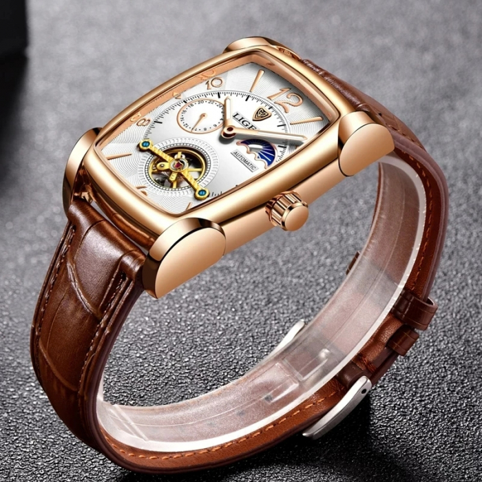Ceas barbati Lige Mecanic Automatic Carcasa dreptunghiulara Curea piele Maro Mecanism Tourbillion [6]
