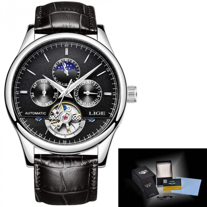 Ceas barbatesc Lige Mecanic Automatic Curea piele Neagra Mecanism Tourbillion Data [2]