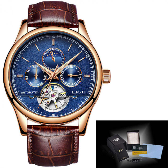 Ceas barbatesc Lige Mecanic Automatic Curea piele Maro Mecanism Tourbillion 3 ATM [3]