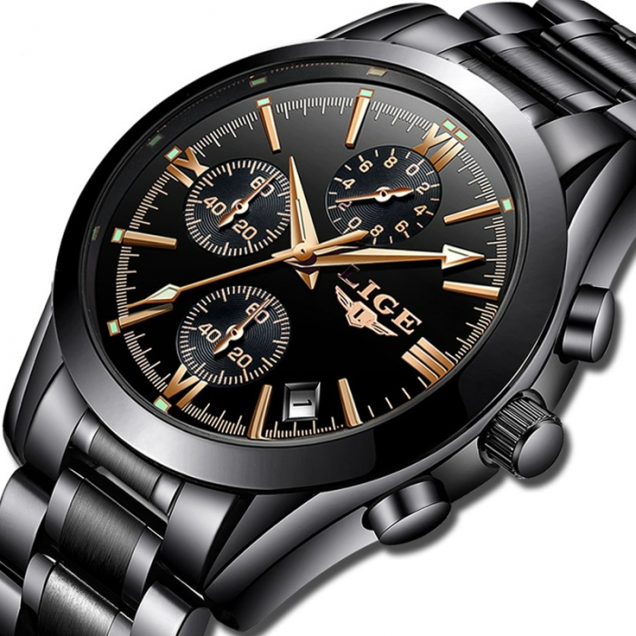 Ceas barbatesc Lige Negru Quartz Analog Data Cronograf [4]