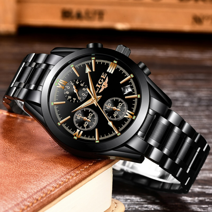Ceas barbatesc Lige Negru Quartz Analog Data Cronograf [5]