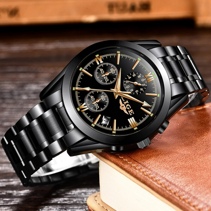 Ceas barbatesc Lige Negru Quartz Analog Data Cronograf [2]