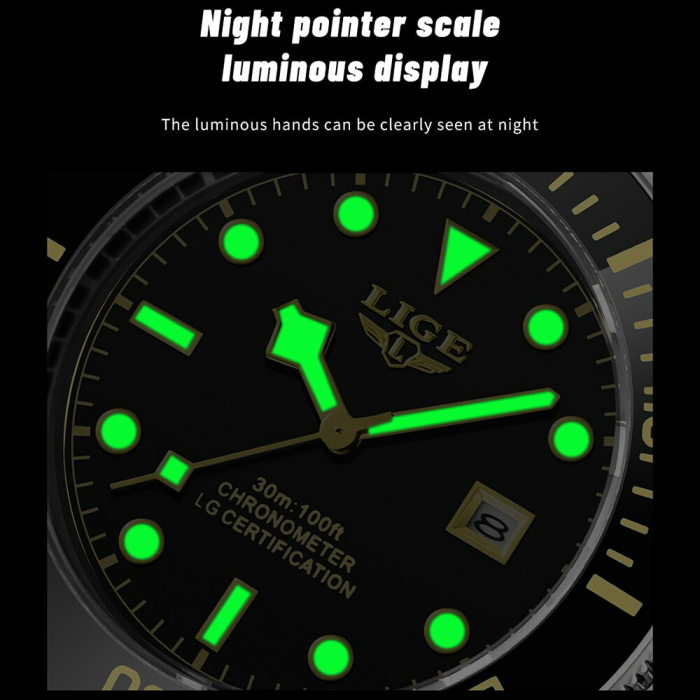 Ceas barbatesc Lige Otel Quartz Data Indici fosforescenti [6]