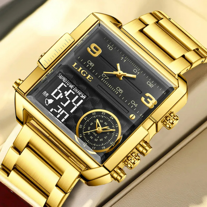 Ceas barbatesc Lige Quartz Analog Digital Otel inoxidabil Auriu Alarma [2]