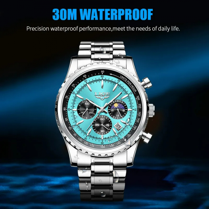 Ceas barbatesc Lige Quartz Analog Data Cronograf Otel inoxidabil Argintiu Albastru [5]