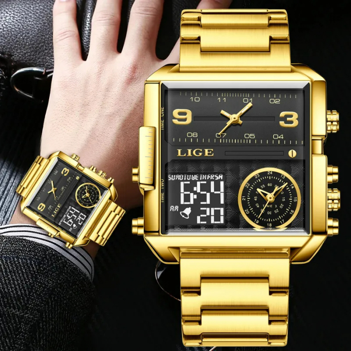 Ceas barbatesc Lige Quartz Analog Digital Otel inoxidabil Auriu Alarma [6]