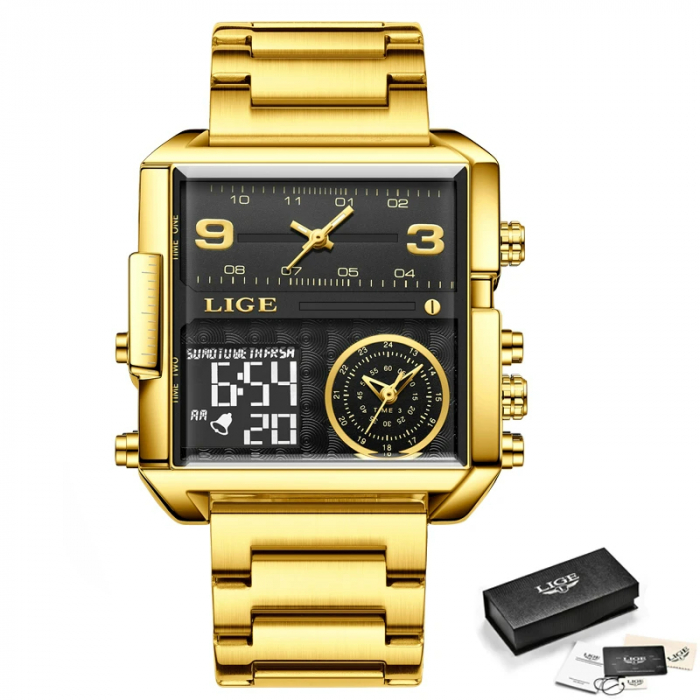 Ceas barbatesc Lige Quartz Analog Digital Otel inoxidabil Auriu Alarma [7]