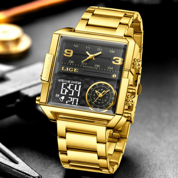 Ceas barbatesc Lige Quartz Analog Digital Otel inoxidabil Auriu Alarma [3]