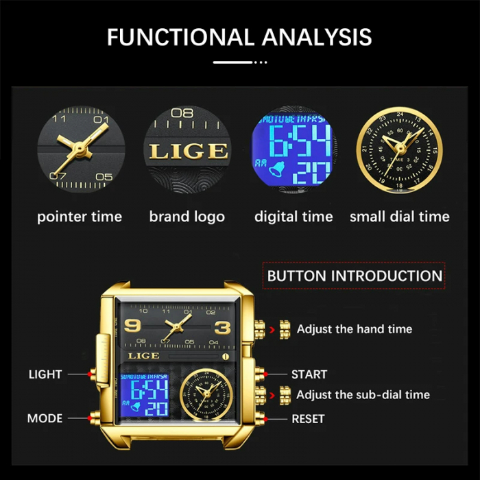 Ceas barbatesc Lige Quartz Analog Digital Otel inoxidabil Auriu Alarma [5]