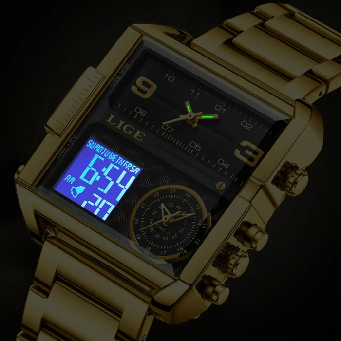 Ceas barbatesc Lige Quartz Analog Digital Otel inoxidabil Auriu Alarma [4]