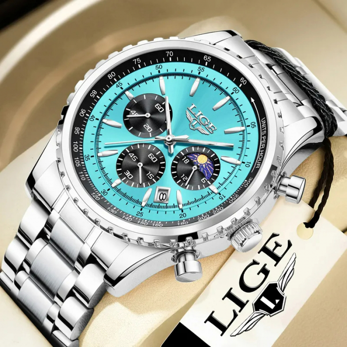 Ceas barbatesc Lige Quartz Analog Data Cronograf Otel inoxidabil Argintiu Albastru [7]