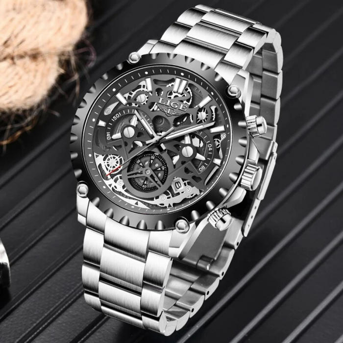 Ceas barbatesc Lige Quartz Sekelton Business Otel inoxidabil Elegant Data Argintiu [2]