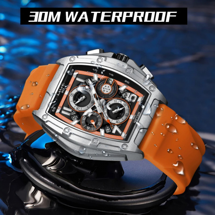 Ceas barbati Lige Portocaliu argintiu Cronograf Cronometru Quartz Analog Silicon Sport [5]