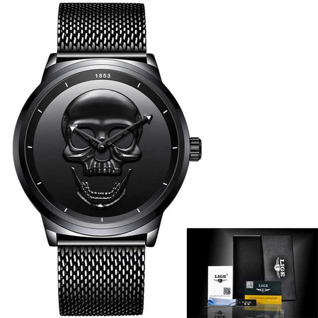 Ceas barbatesc Lige Skull 3D Otel Craniu Quartz Bratara plasa [4]