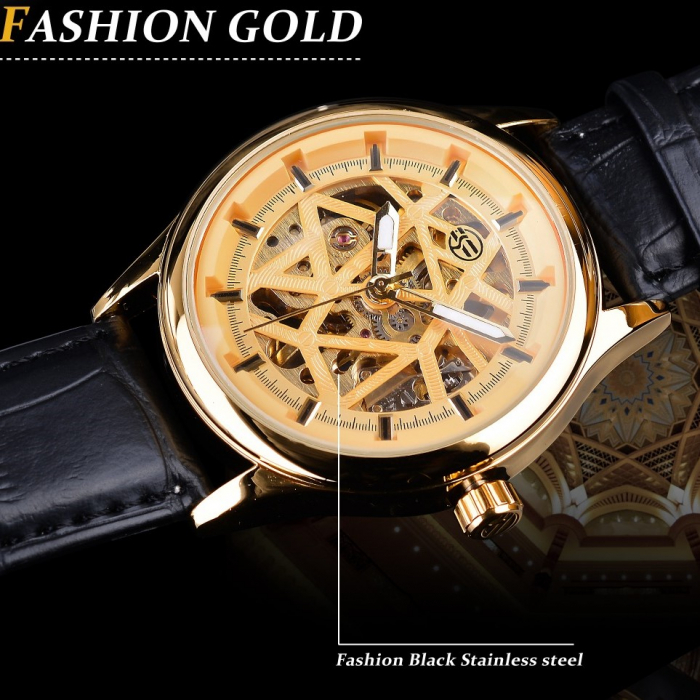 Ceas barbatesc Forsining Mecanic Automatic Auriu Skeleton Piele Business Elegant [4]