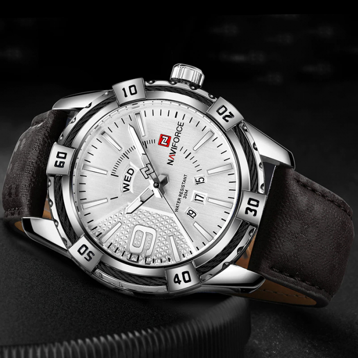 Ceas barbatesc Naviforce Argintiu Quartz Curea piele Data Analog [3]