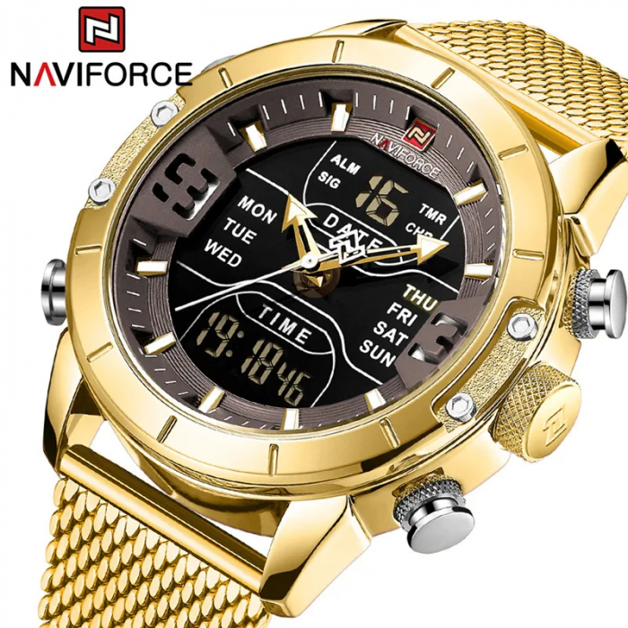 Ceas barbatesc Naviforce Business Otel Bratara reglabila Auriu Quartz Analog Digital [3]