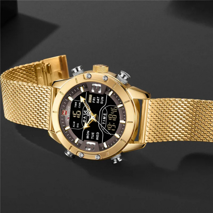 Ceas barbatesc Naviforce Business Otel Bratara reglabila Auriu Quartz Analog Digital [2]